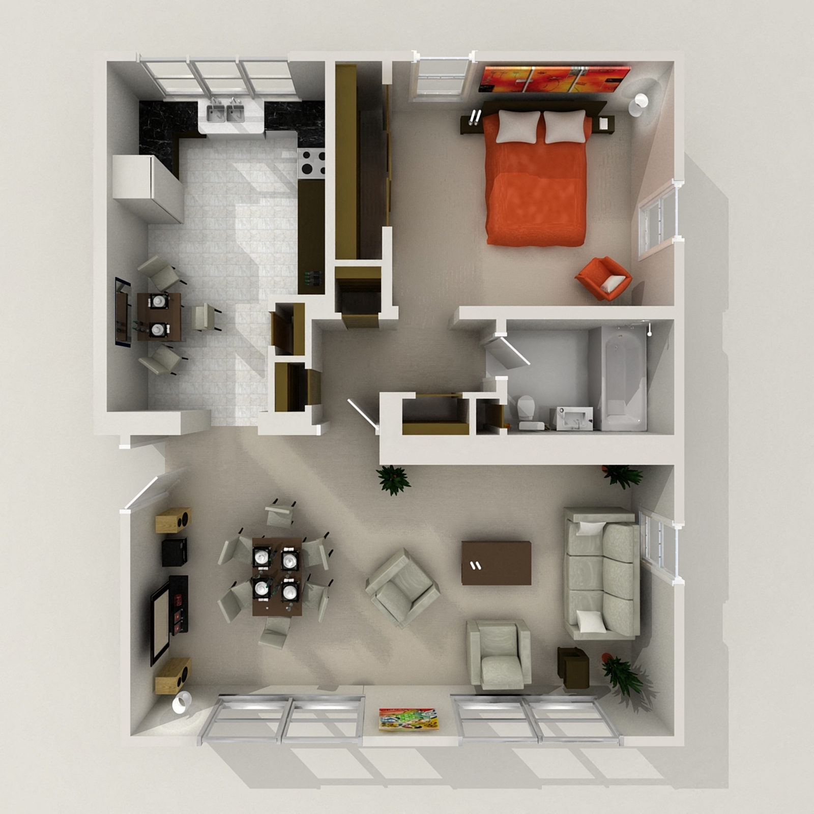 Floor plan for 1 bed, 1 bath, 766 sqft